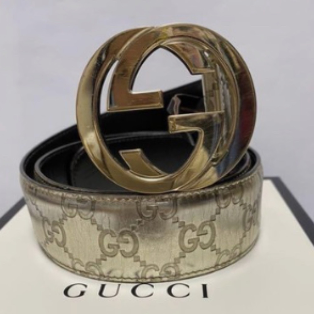 Authentic GUCCI Interlocking Leather Belt GG Guccissima Silver x Gold 85/34